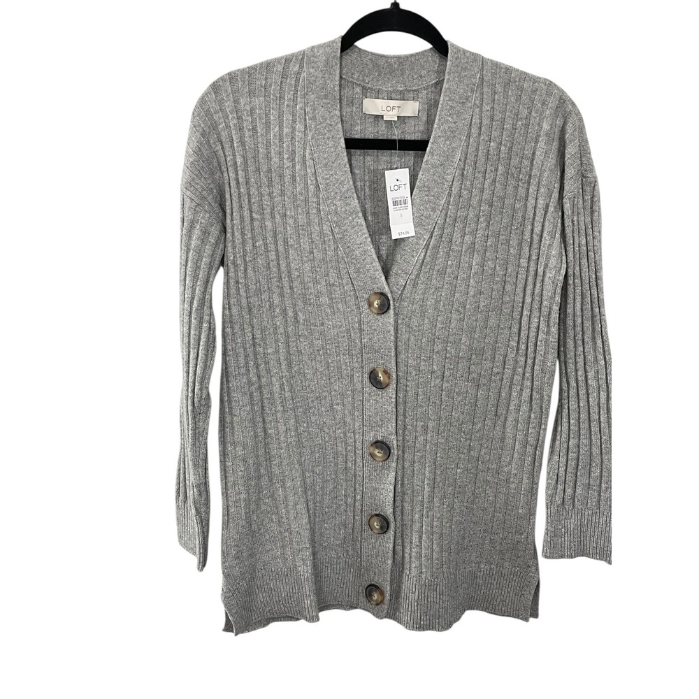 NWT LOFT Ribbed Knit Cardigan Sweater Long Sleeve Button Front Gray Size SMALL
